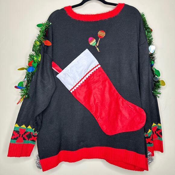 Ugly Christmas Sweater Feliz Navidad LIGHTS UP Tinsel Xmas Party Winner Size 2X - Picture 3 of 5